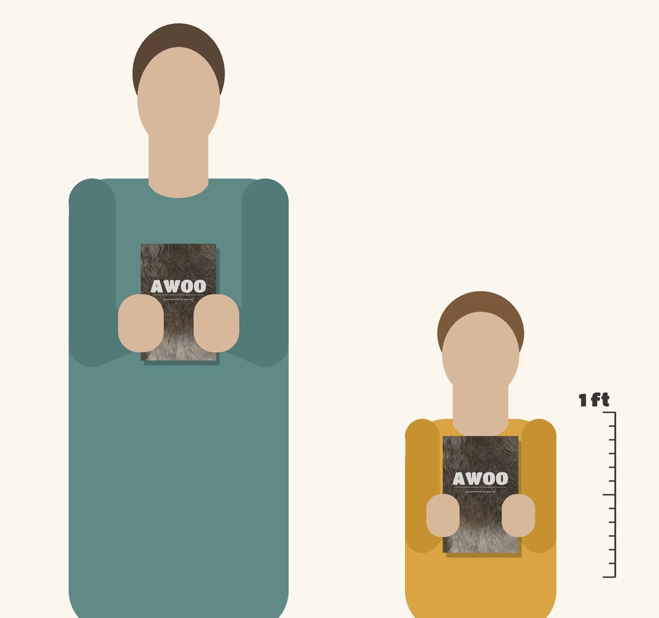 Size guide: the 5.5 x 8.5 in AWOO notebook held by an adult and a child, drawn to scale