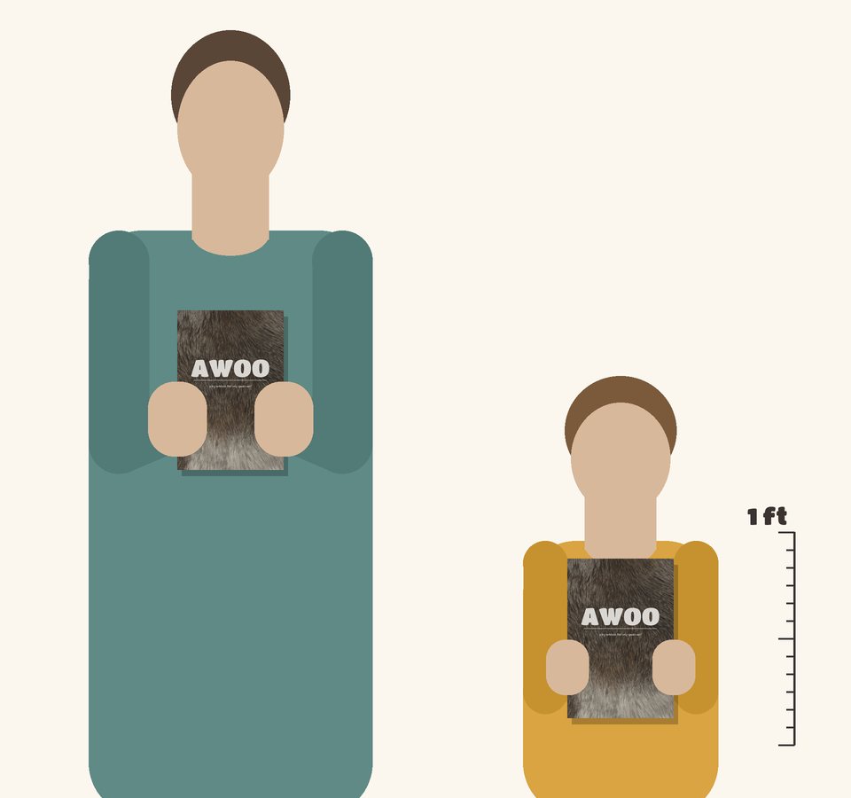 Size guide: the 6 x 9 in AWOO notebook held by an adult and a child, drawn to scale