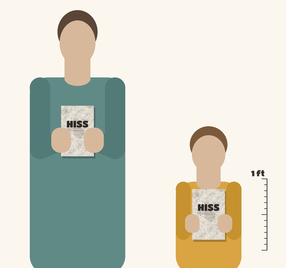 Size guide: the 5.5 x 8.5 in HISS notebook held by an adult and a child, drawn to scale