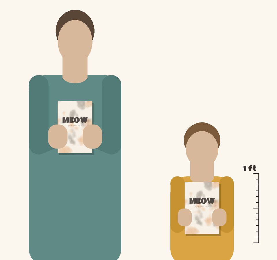 Size guide: the 6 x 9 in MEOW notebook held by an adult and a child, drawn to scale