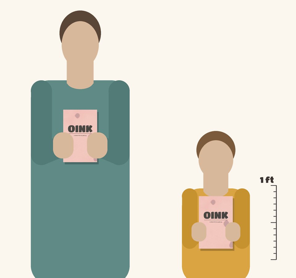 Size guide: the 5.5 x 8.5 in OINK notebook held by an adult and a child, drawn to scale