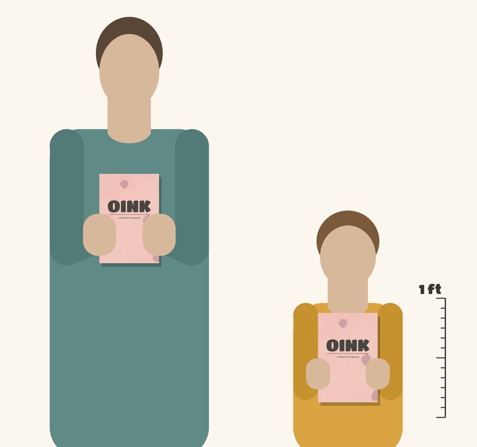 Size guide: the 6 x 9 in OINK notebook held by an adult and a child, drawn to scale
